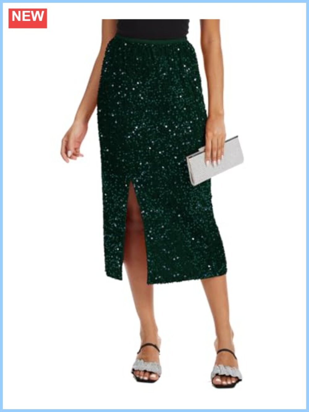 Sequin Velvet Midi Skirt High Waist A-Line Split Hem Slim Fit